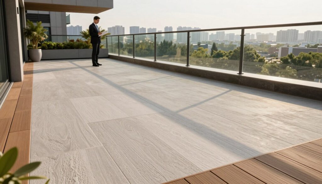 Vibrant image of a ventilated balcony surface finish, showcasing a modern design with stone tiles and wooden decking. In the foreground, focus on detail: textured tiles with subtle patterns and their precise alignment. In the middle ground, include a professionally dressed person examining the balcony, highlighting the installation's functionality and aesthetics. The background features a scenic city skyline and greenery, bathed in soft, warm afternoon light, casting gentle shadows that enhance the three-dimensional effect. A slight upward angle provides a sense of elevation, emphasizing the balcony's spaciousness and ventilation features. The overall mood is one of modern sophistication, combining functionality and beauty in architectural design.